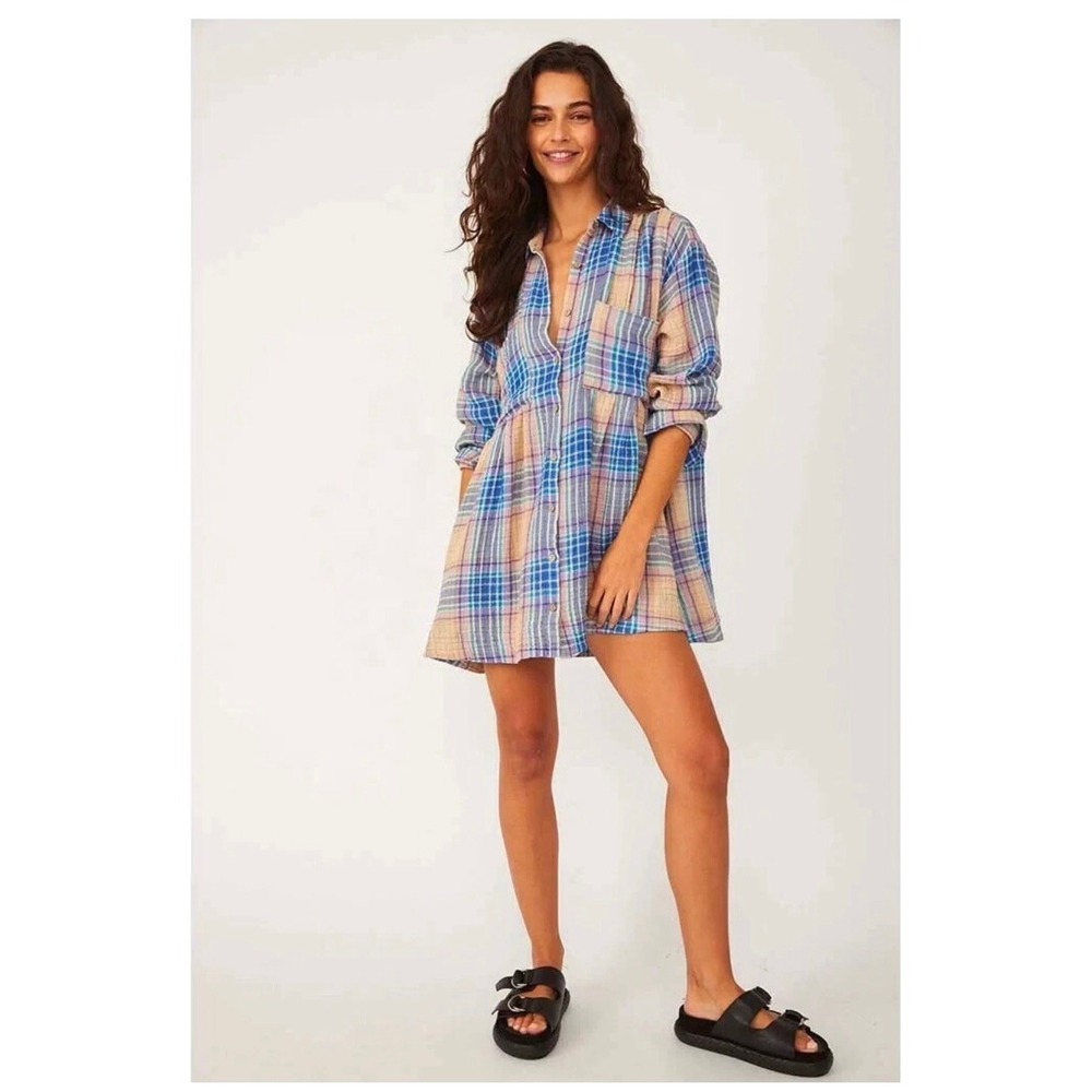 Free People Tunic Dress Womens Plaid Babydoll Blue Tan Gauze Long Sleeve xs